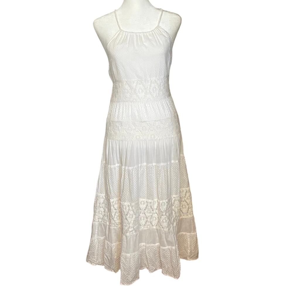 Free People Size 8 Cross Back Halter Midi Dress Eyelet Lace White Boho Romantic